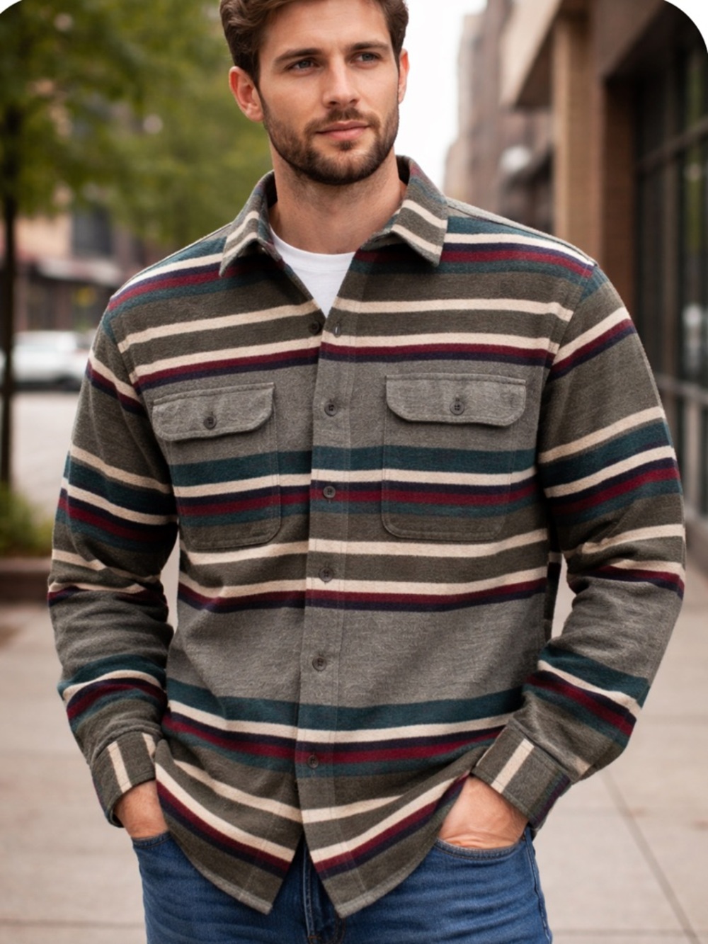 Bugle Boy Wetlands Striped Button-down in Gray, Cream, Teal & Red, Size L